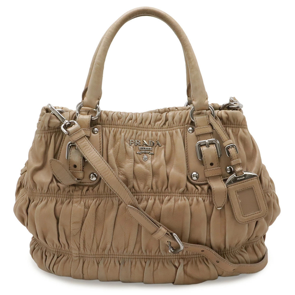 Prada Nappa Gaufre Gathered Crossbody Bag Handbag Tote Leather Beige Cream
